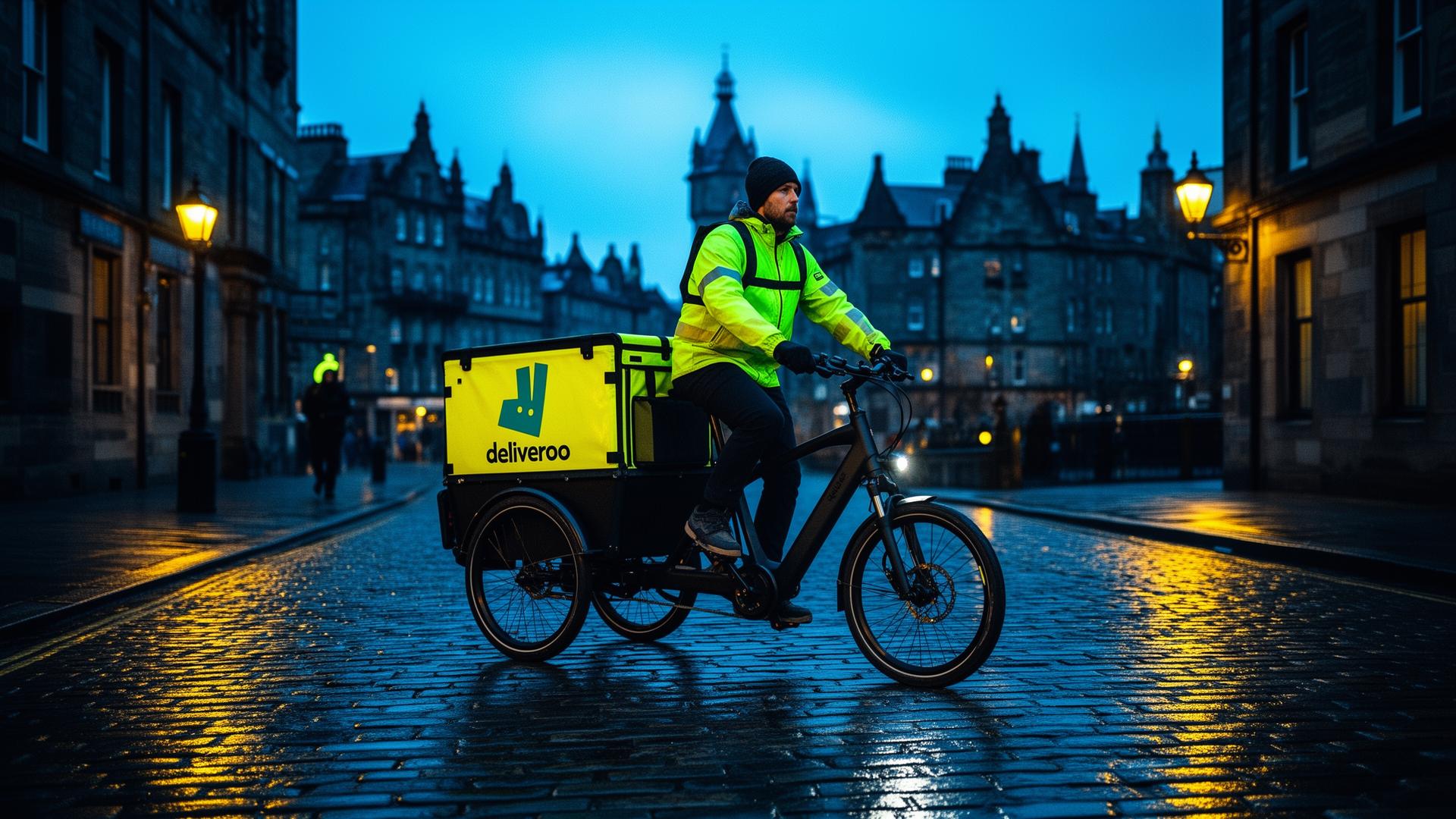 Delivery rider on a Wing it e-bike on a wet Edinburgh cobbled street at dusk